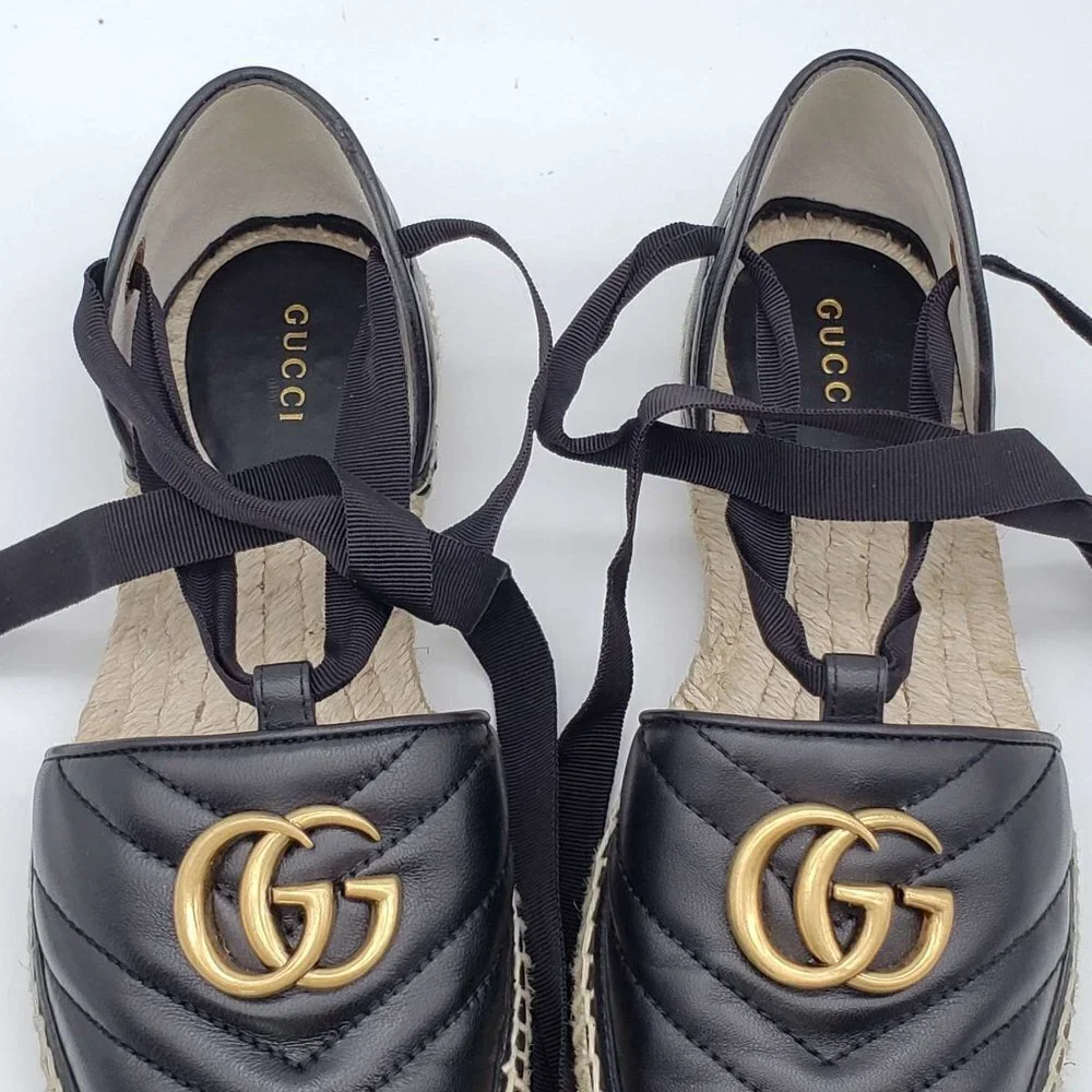 Authentic Gucci GG Marmont Espadrille Sandals Black Leather Gold Logo Brand New - Picture 6 of 13